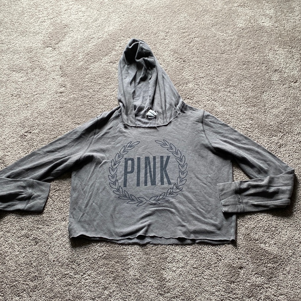 PINK Victoria’s Secret Gray Logo Cropped Hoodie Pullover Sweatshirt SIZE L